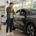 A person standing beside an electric car at a dealership, thoughtfully considering the vehicle.