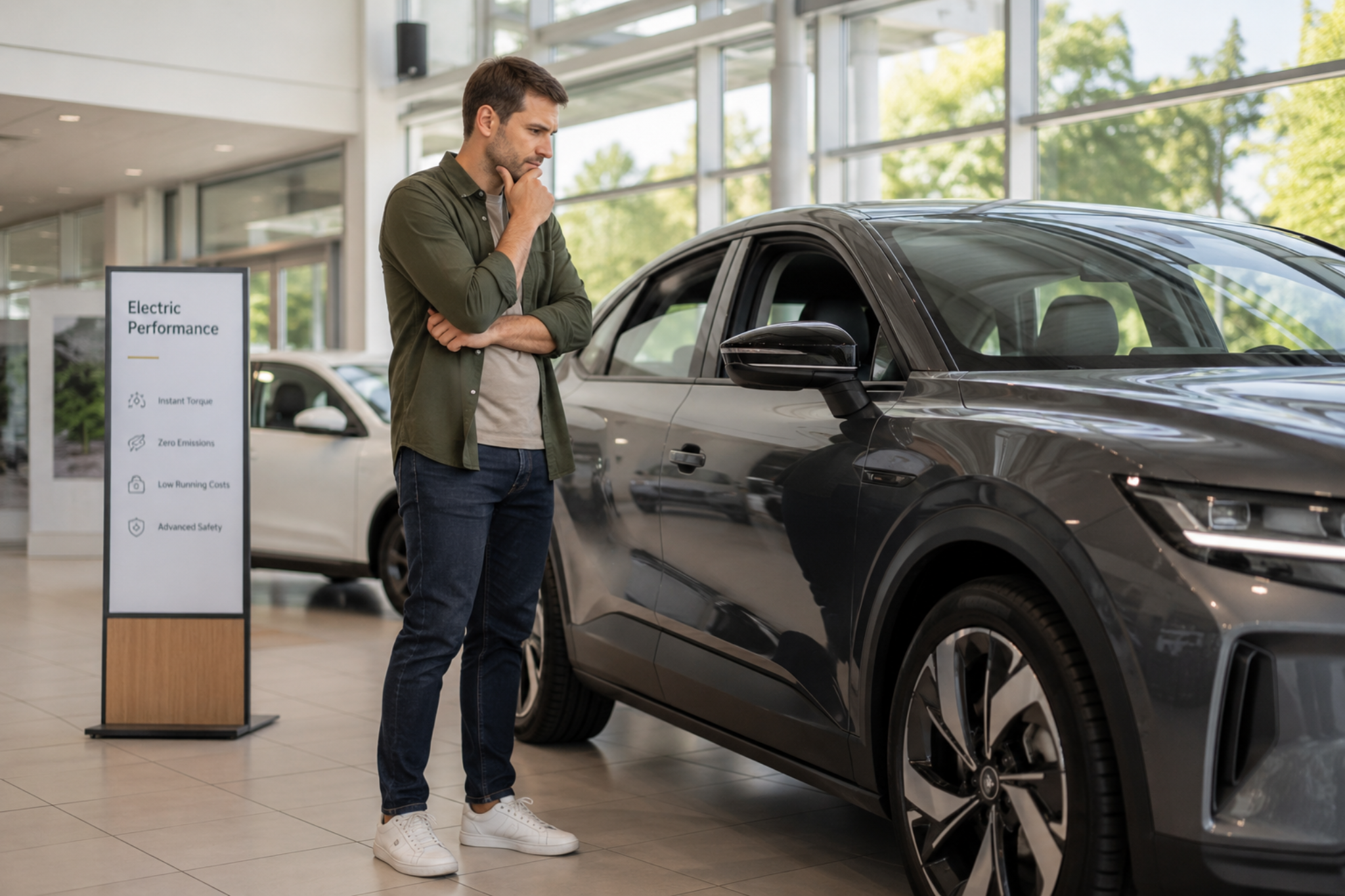 A person standing beside an electric car at a dealership, thoughtfully considering the vehicle.