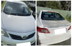 A white Toyota Corolla affected by the peeling paint issue
