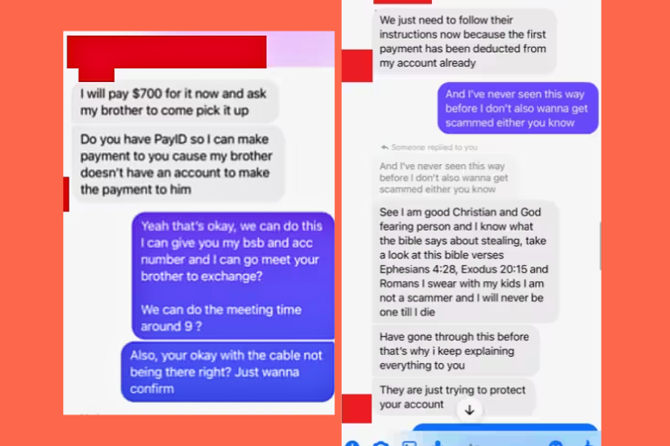 Scammers messages showing online marketplace PayID scam