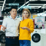 A man and woman on shopping store with facial recognition
