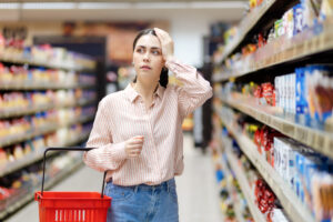 A young woman shocked to see fake foods at a grocery store