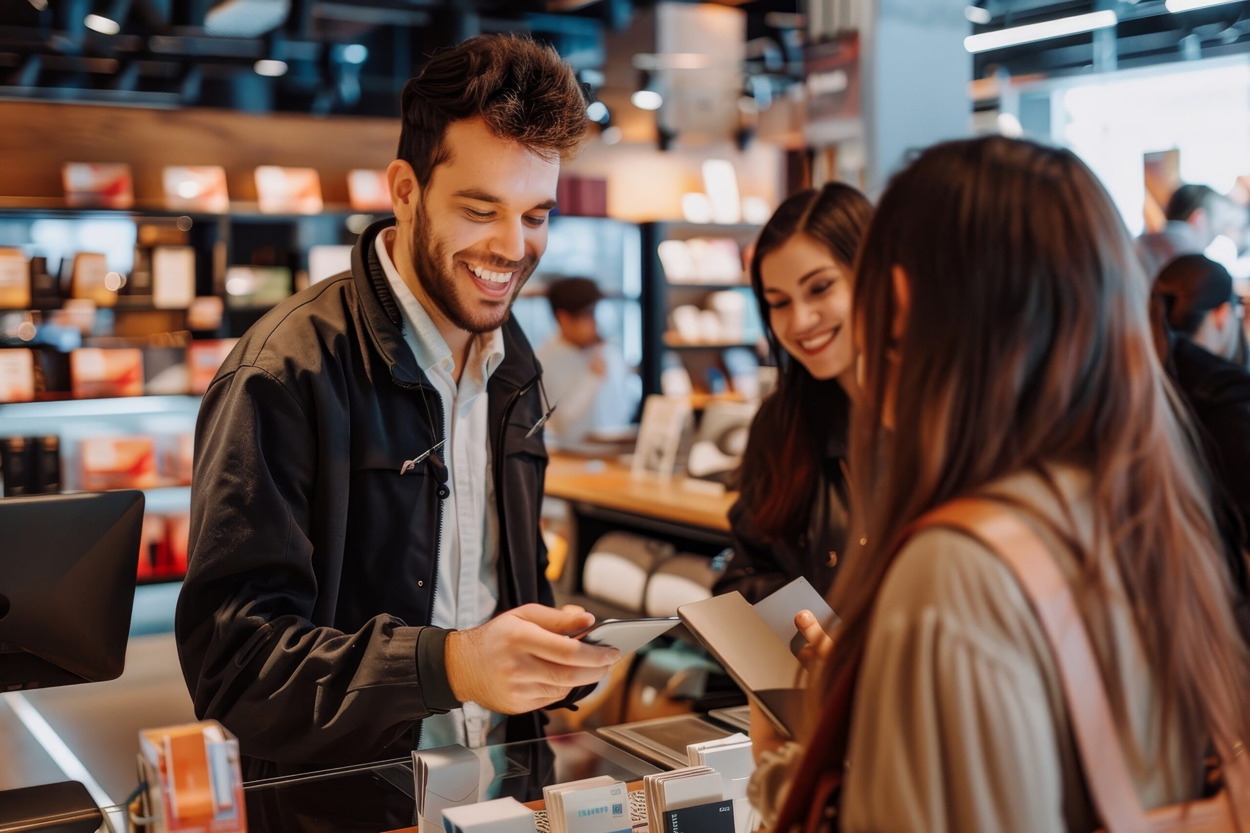 Man happy buying an extended warranty in tech store