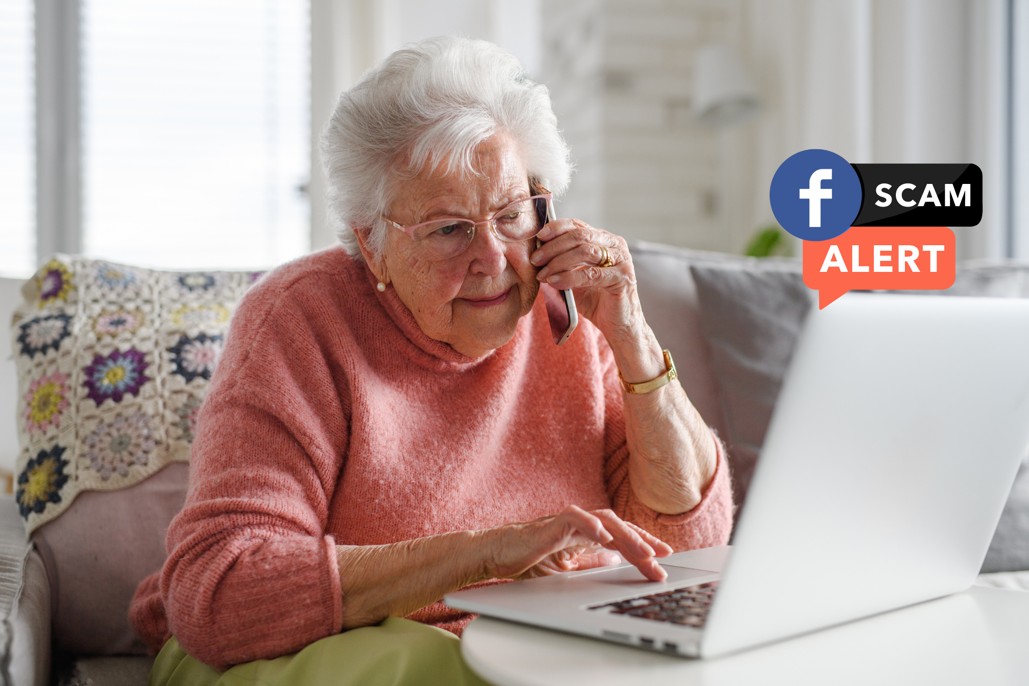 Senior woman using her smartphone to report scam on Facebook.