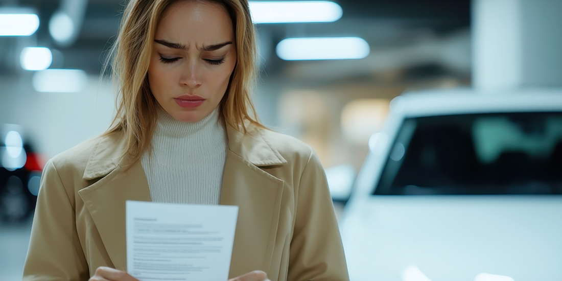 A frustrated woman is reading the insurance claim decision letter, considering filing a complaint with her car insurance company