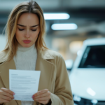 A frustrated woman is reading the insurance claim decision letter, considering filing a complaint with her car insurance company