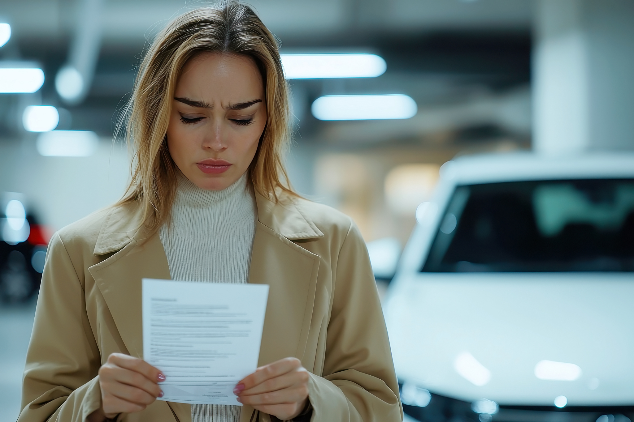 A frustrated woman is reading the insurance claim decision letter, considering filing a complaint with her car insurance company