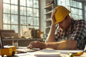 An unhappy engineer stressed due to the news of the latest builder to go bust