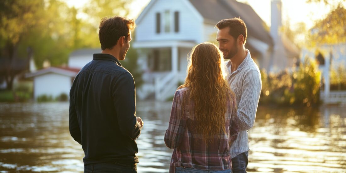 A couple meets with an insurance agent to seek help with their home insurance claim.