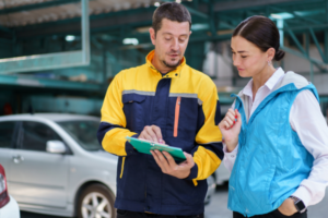 A mechanic doing a pre-purchase inspection on a secondhand vehicle