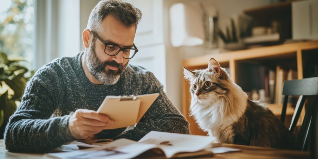 A pet owner reviewing the lowdown of his cat's pet insurance policy