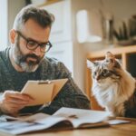 A pet owner reviewing the lowdown of his cat's pet insurance policy