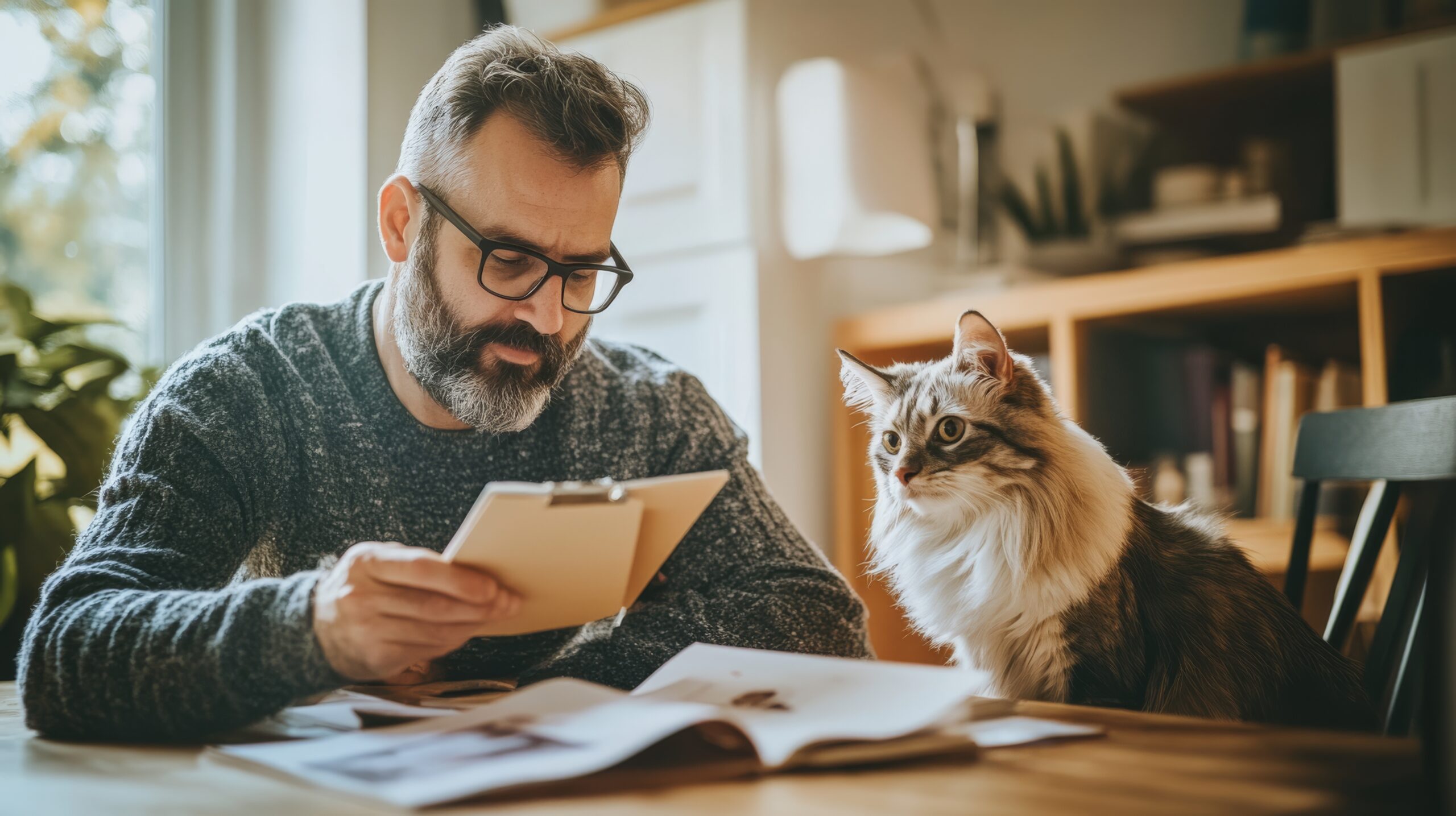 A pet owner reviewing the lowdown of his cat's pet insurance policy