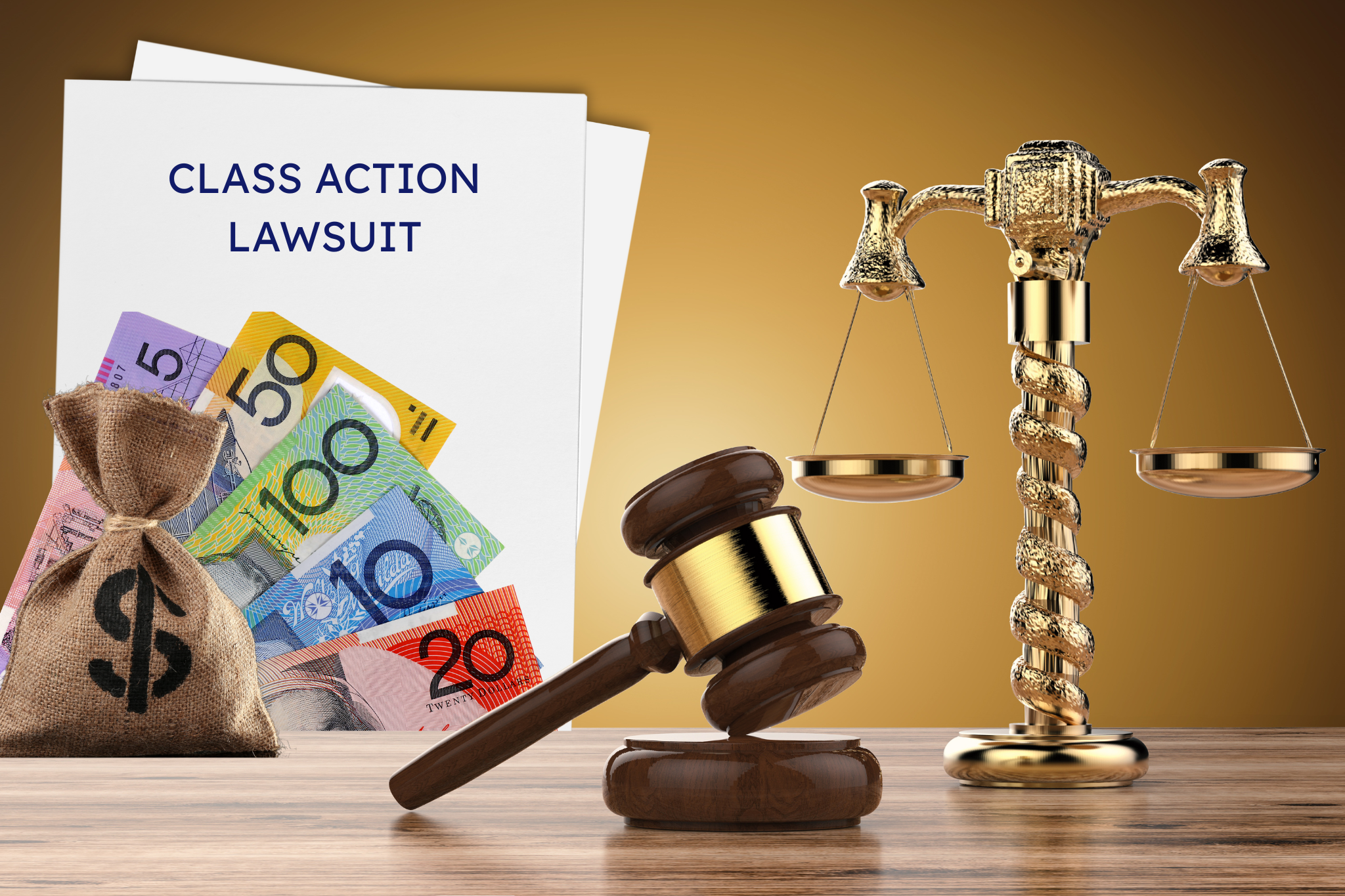 Gavel with papers and money representing class action costs