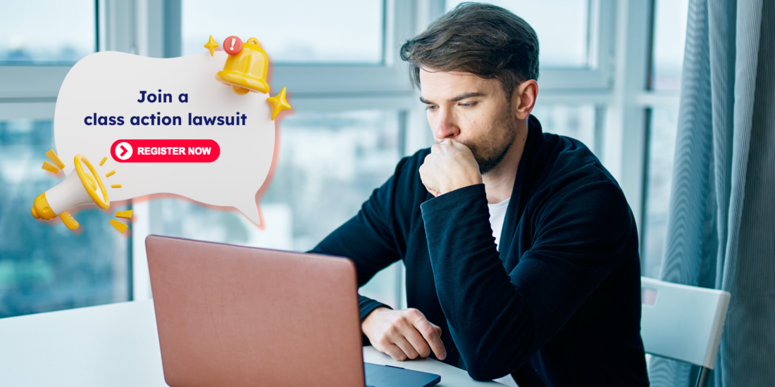 Man looking at his laptop, thinking about whether to join a class action