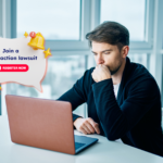 Man looking at his laptop, thinking about whether to join a class action