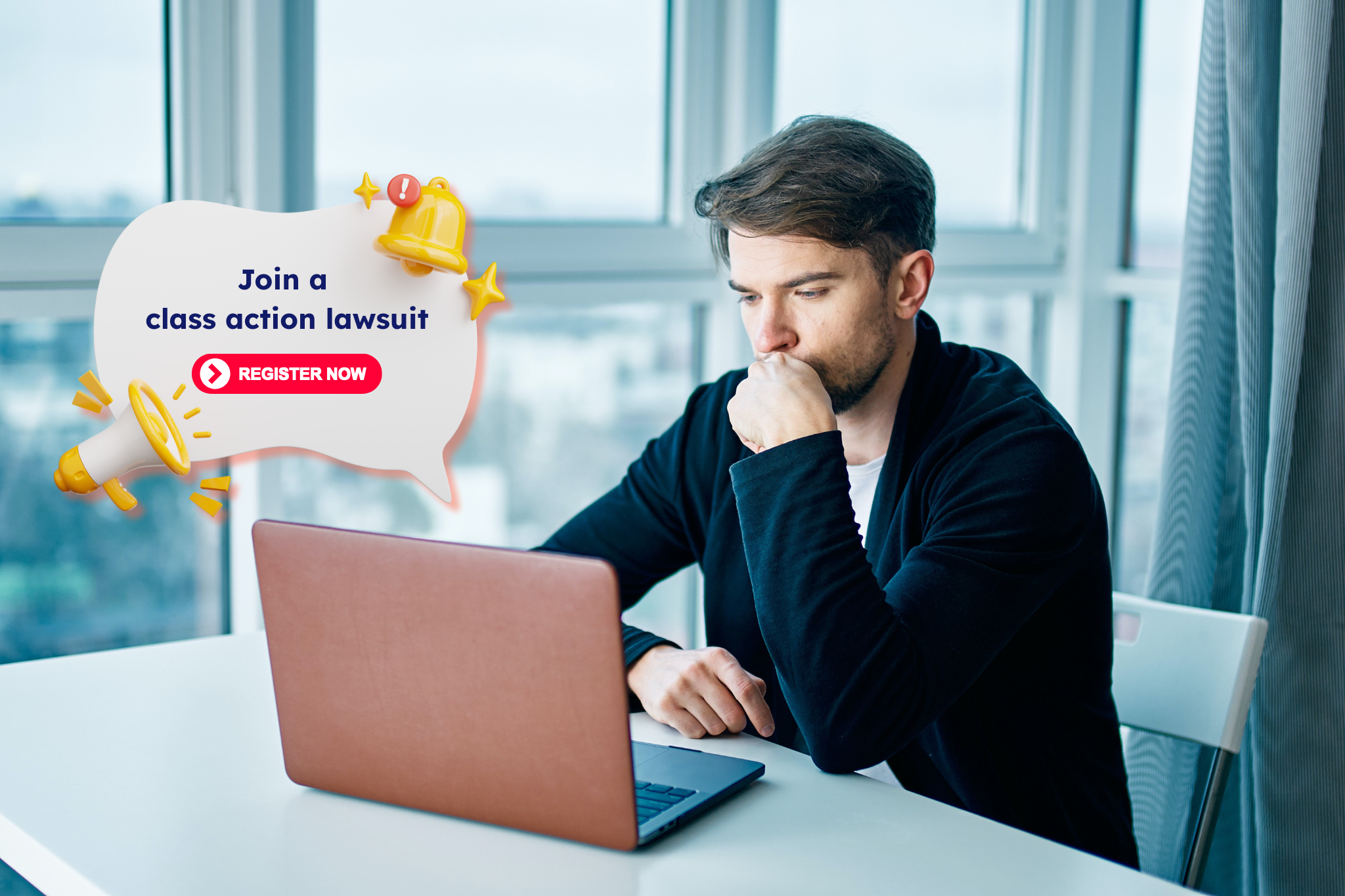 Man looking at his laptop, thinking about whether to join a class action