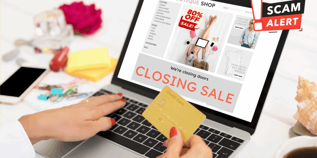 Woman shopping online at a ghost store called “Sydney Boutique Shop” with a closing sale notice