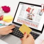 Woman shopping online at a ghost store called “Sydney Boutique Shop” with a closing sale notice