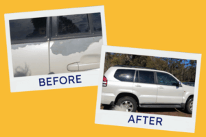 Before and after shots of a Toyota vehicle with peeling paint