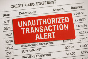 Credit card statement with a stamp marking an unauthorised transaction alert