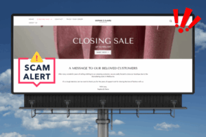 Large digital billboard displaying a screenshot of an online ghost store with a bold scam alert warning