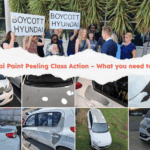 Collage showing Hyundai cars with peeling paint alongside a photo of owners protesting outside Hyundai Australia over the paint issue.