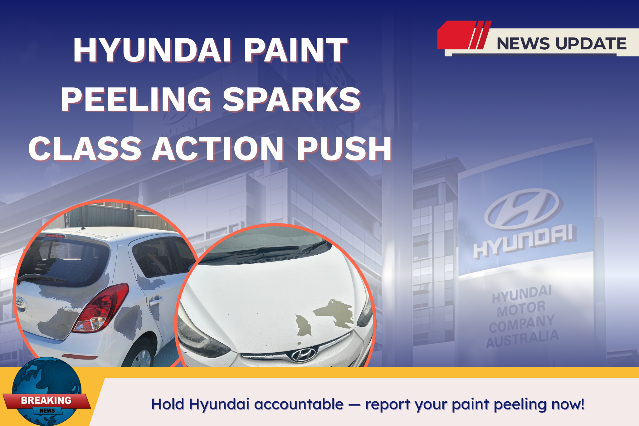 Headline graphic announcing Hyundai paint peeling issues and a growing class action investigation
