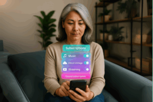 Woman managing her digital subscriptions online to save money