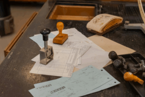Desk with stamps and checks from the first Robodebt class action settlement and government repayments to affected Australians