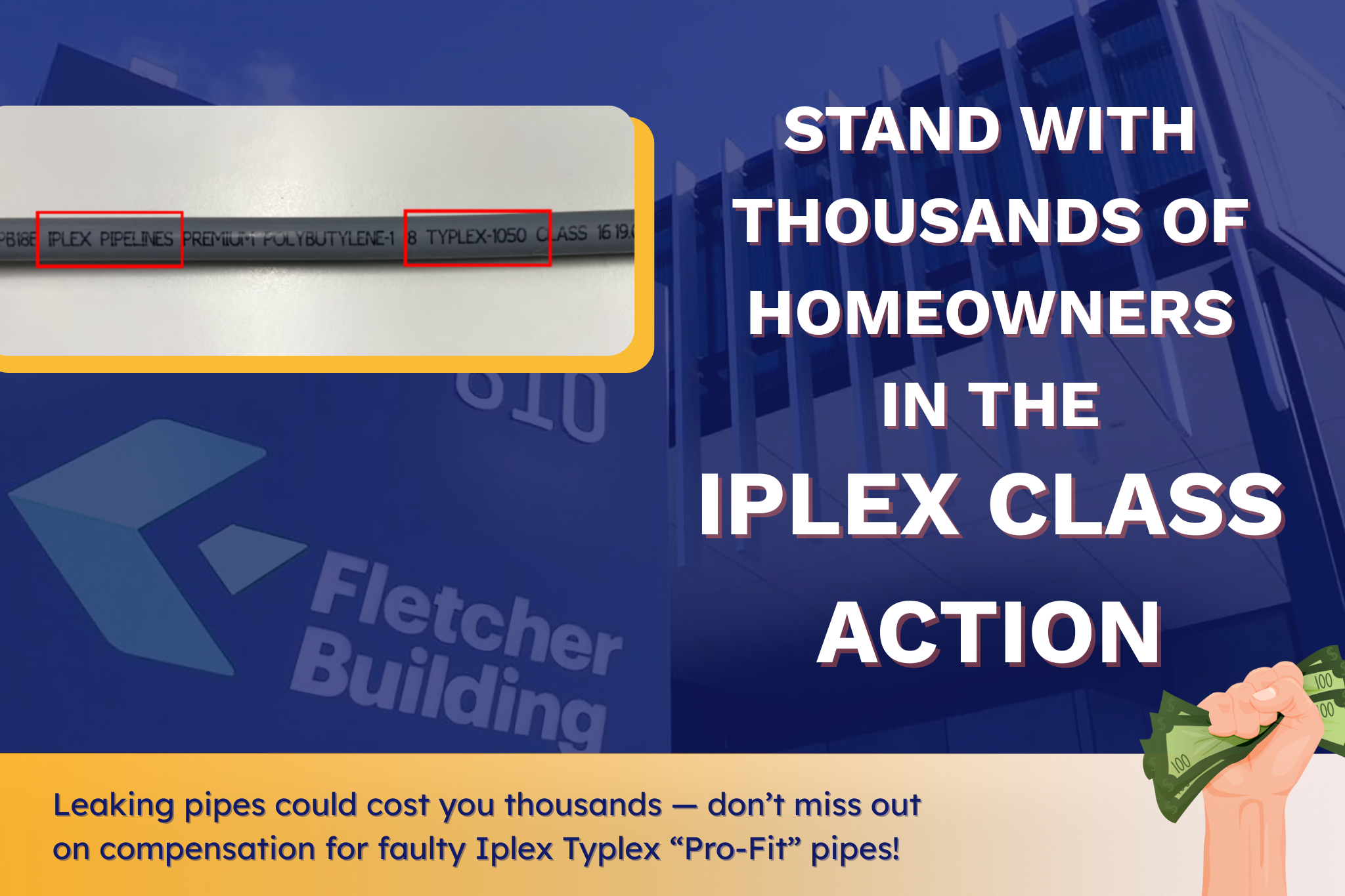 A news style graphic about the Iplex pipes class action
