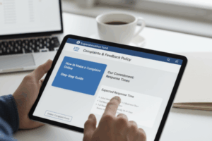 Close-up of a person using a tablet to read a super fund’s complaints policy online