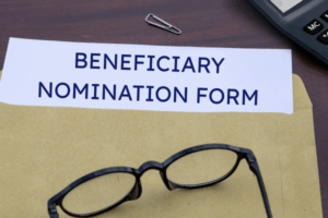 Envelope with a beneficiary nomination form peeking out, showing a person updating their superannuation beneficiary details