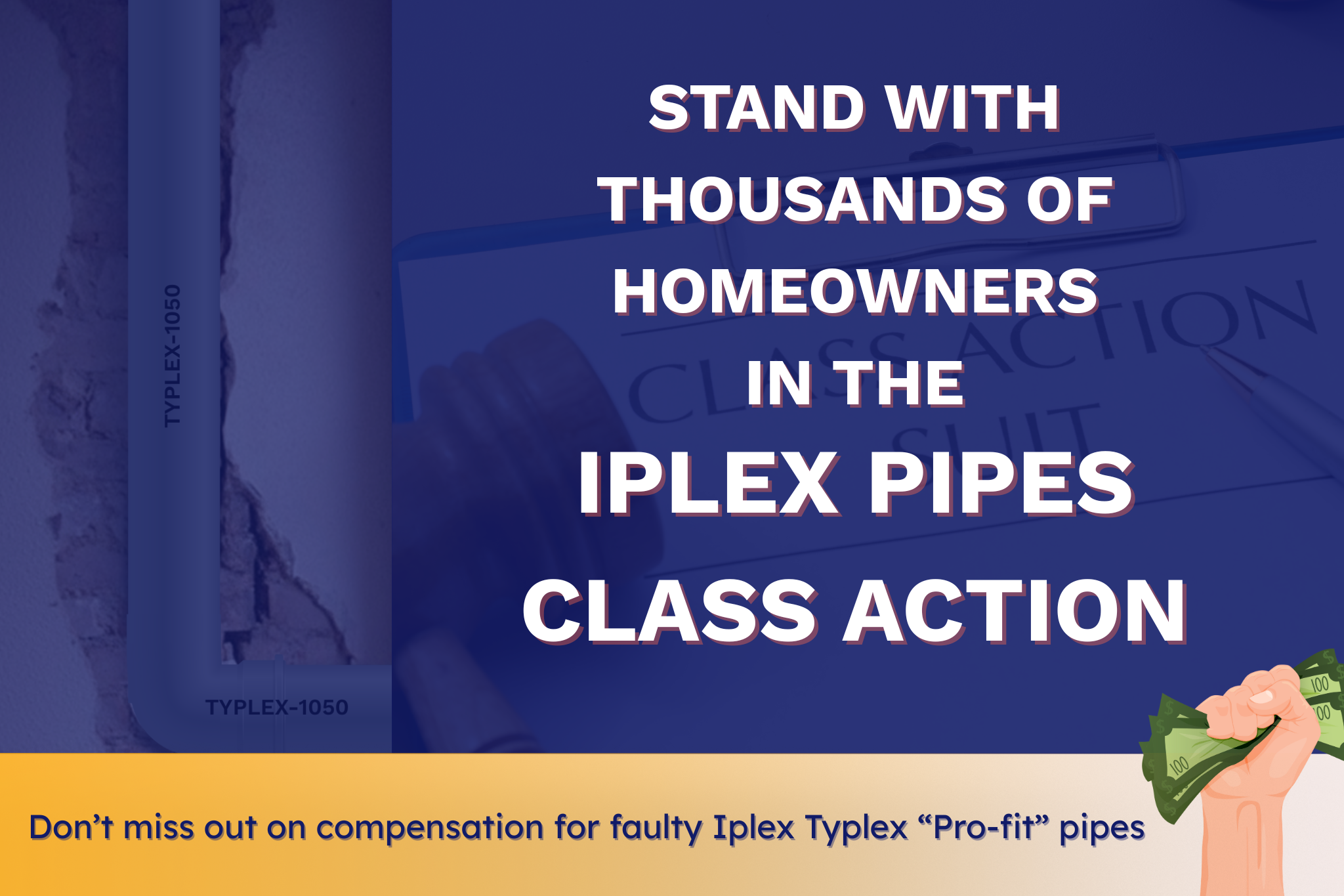 A news style graphic about the Iplex pipes class action