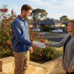 A professional tradie in uniform stands at the doorstep of a suburban Australian home, handing a flyer to a hesitant and worried homeowner