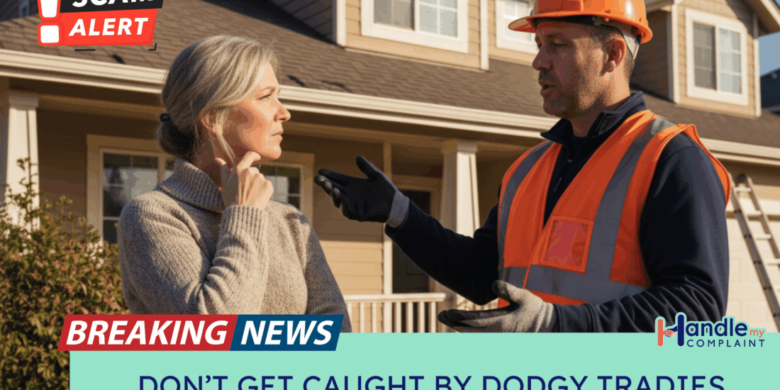 A concerned homeowner listens to a dodgy tradie offering questionable home repairs at their front door