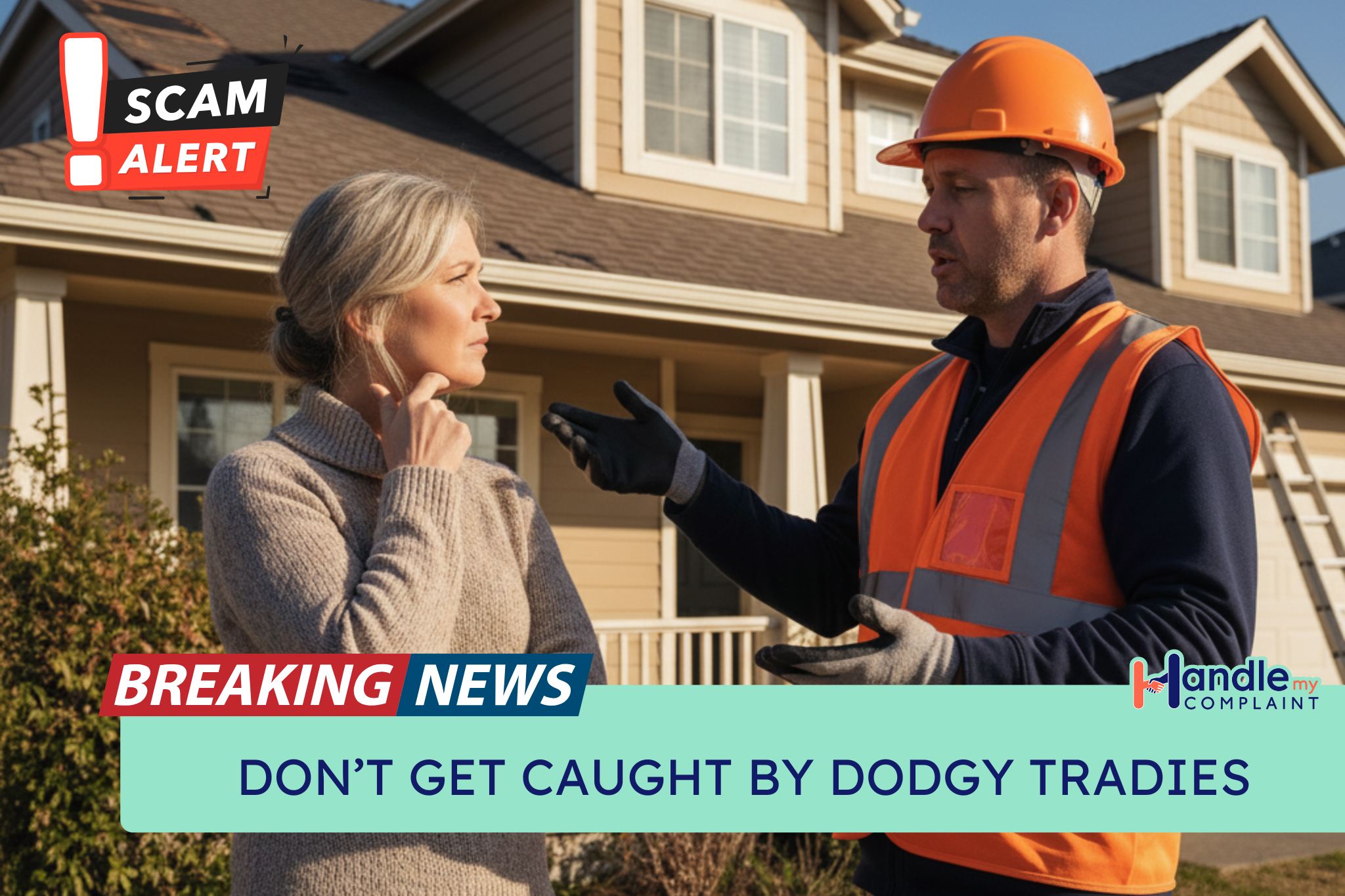 A concerned homeowner listens to a dodgy tradie offering questionable home repairs at their front door