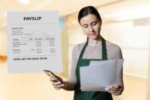 A supermarket staff checking her payslip