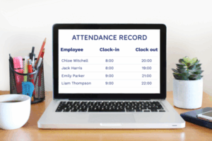 Laptop screen showing an attendance record with employee names, clock-in and clock-out times, all working overtime