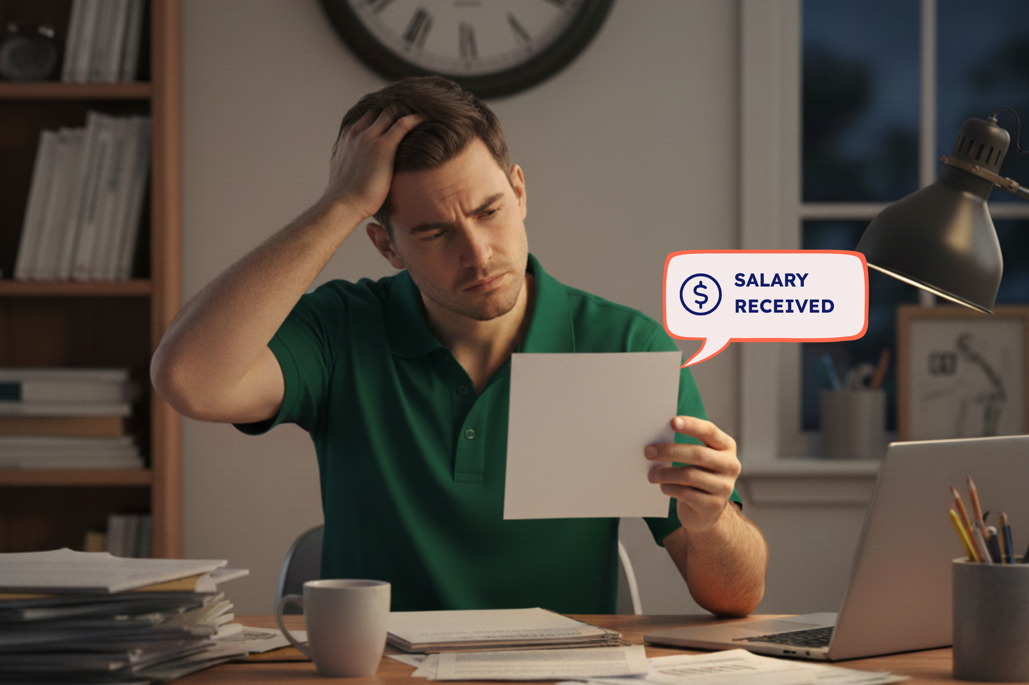 Woolworths employee reviewing payslip at home late at night