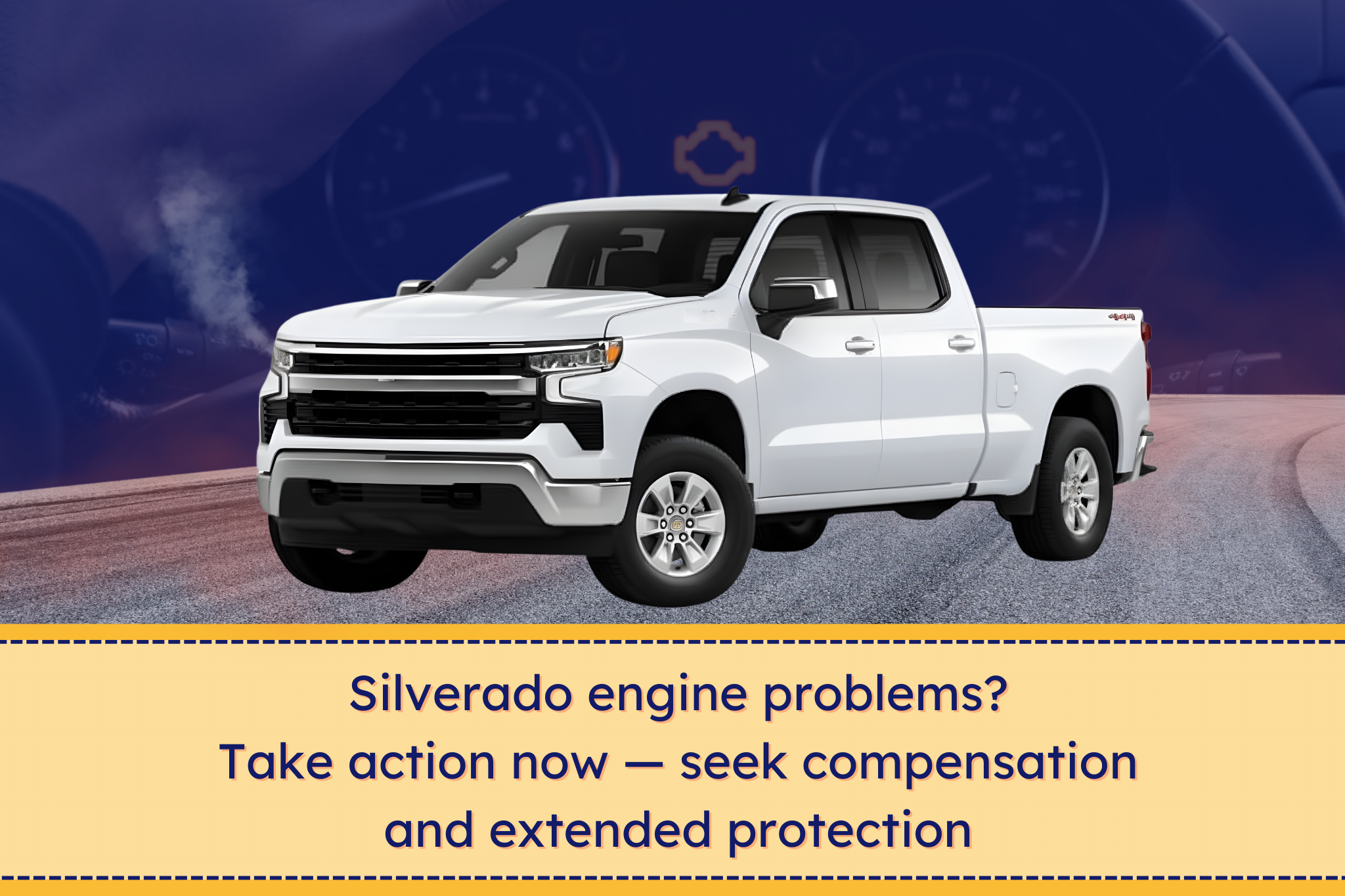 A news style graphic about the GM Silverado engine defects class action
