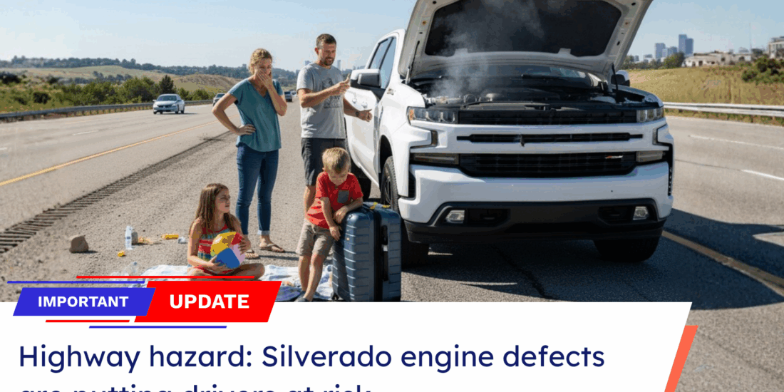 A news style graphic of a family with children standing beside their smoking Silverado 1500 on a highway, highlighting the need for the Silverado engine defects class action