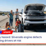 A news style graphic of a family with children standing beside their smoking Silverado 1500 on a highway, highlighting the need for the Silverado engine defects class action