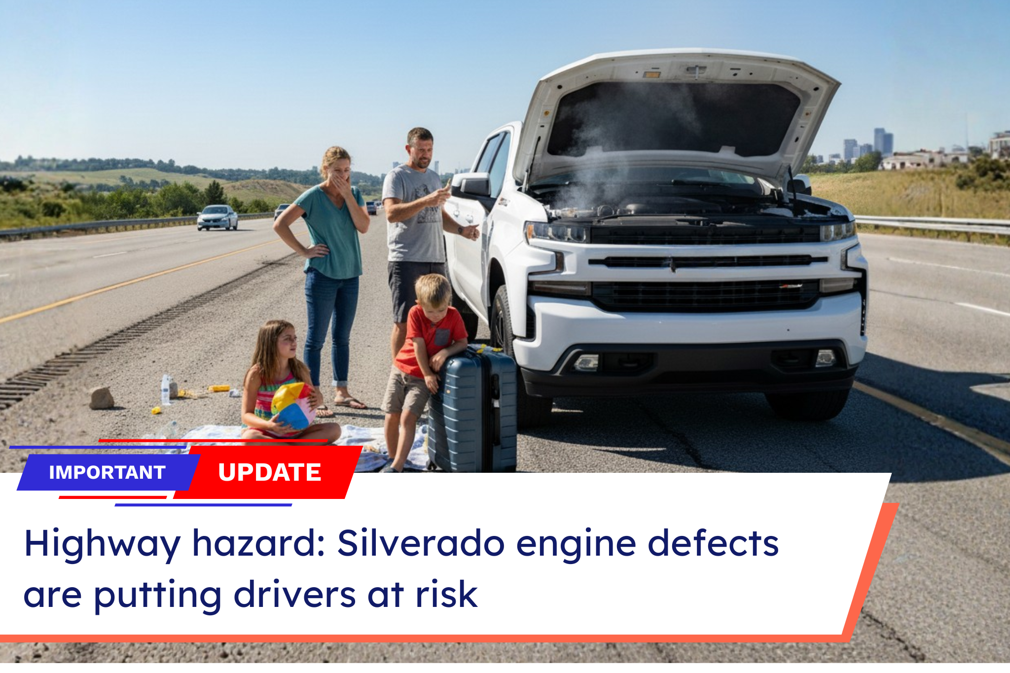 A news style graphic of a family with children standing beside their smoking Silverado 1500 on a highway, highlighting the need for the Silverado engine defects class action