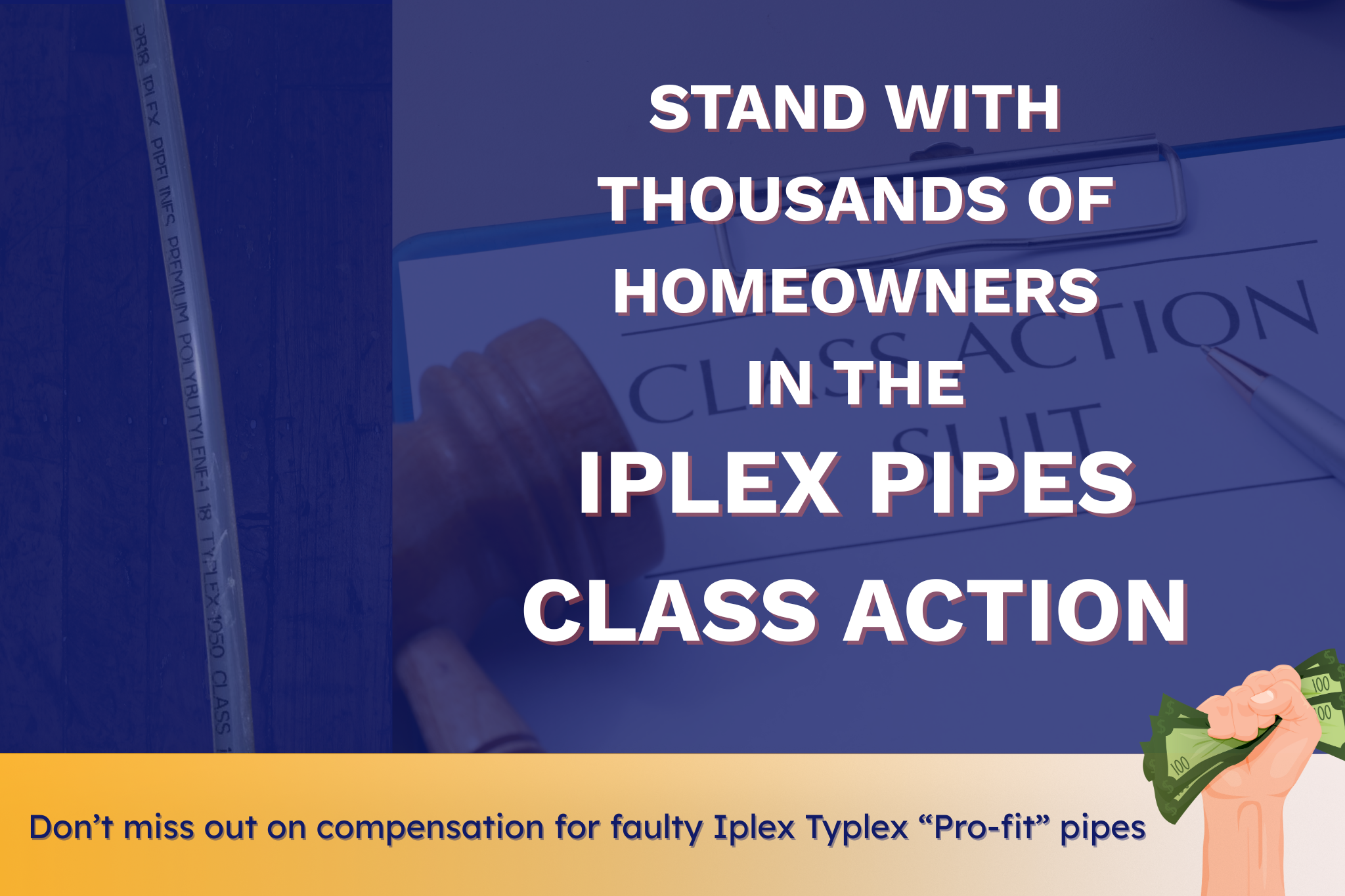 A news style graphic about the Iplex pipes class action