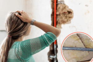 A woman dealing with leaking Iplex pipe