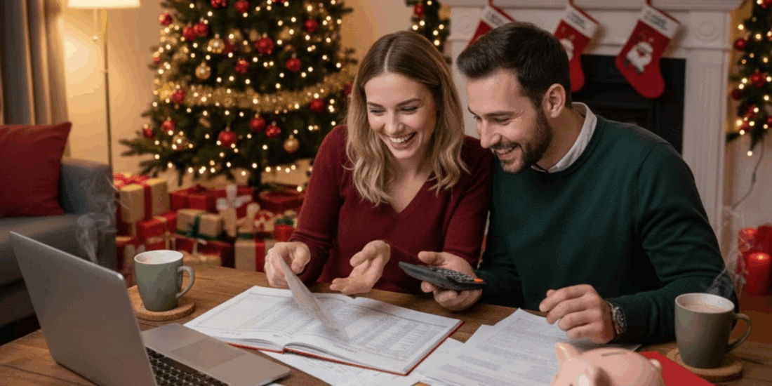 Couple reviewing their expenses and planning ways to save money during the holiday season