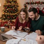 Couple reviewing their expenses and planning ways to save money during the holiday season