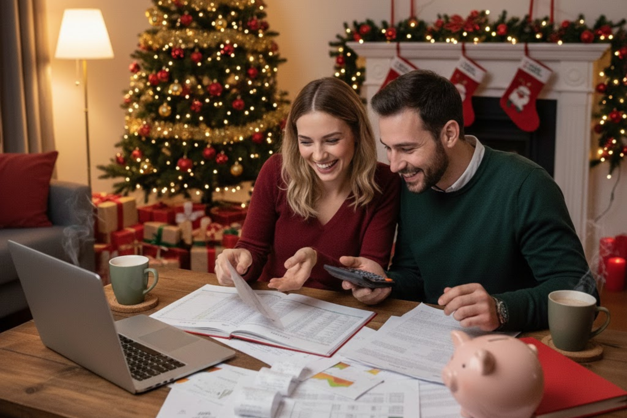 Couple reviewing their expenses and planning ways to save money during the holiday season