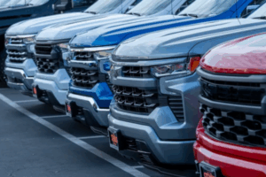 A lineup of Silverado 1500 trucks parked side by side, representing affected owners across Australia and highlighting the scope of the Silverado engine defects class action